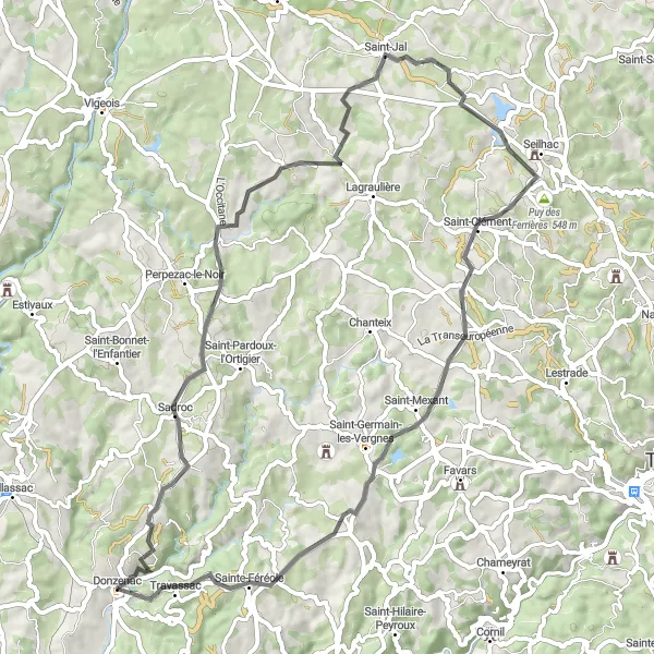 Map miniature of "Exploring the Hidden Gems of Donzenac" cycling inspiration in Limousin, France. Generated by Tarmacs.app cycling route planner