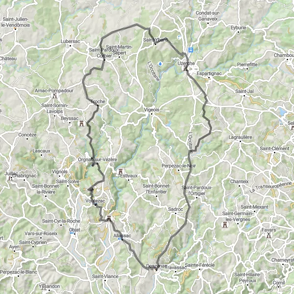 Map miniature of "Donzenac Loop" cycling inspiration in Limousin, France. Generated by Tarmacs.app cycling route planner