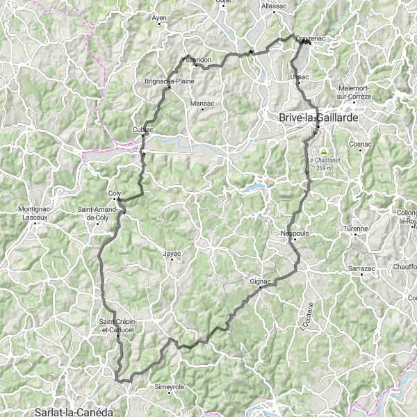 Map miniature of "Historical and Architectural Marvels of Donzenac" cycling inspiration in Limousin, France. Generated by Tarmacs.app cycling route planner