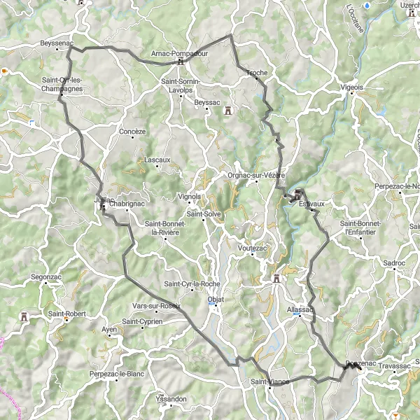 Map miniature of "Sights and Wonders of Donzenac and Surroundings" cycling inspiration in Limousin, France. Generated by Tarmacs.app cycling route planner