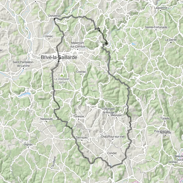 Map miniature of "Scenic Brive Circuit" cycling inspiration in Limousin, France. Generated by Tarmacs.app cycling route planner