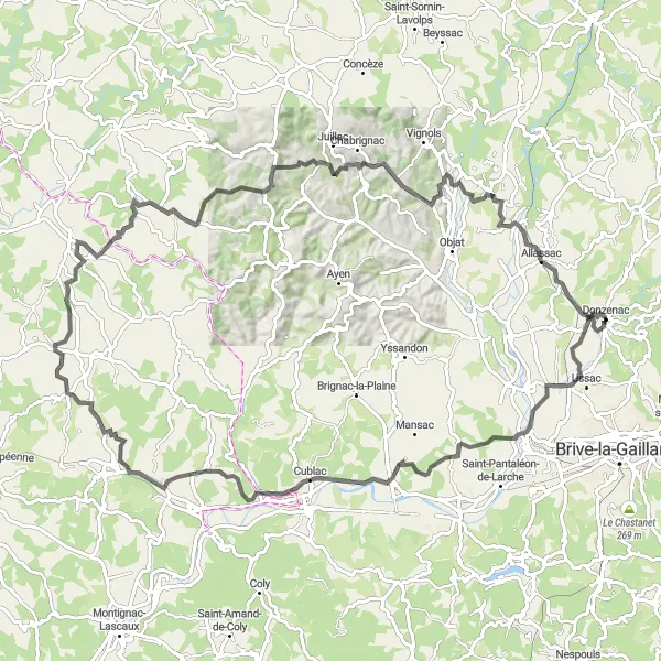 Map miniature of "Donzenac to Allassac Road Cycling Route" cycling inspiration in Limousin, France. Generated by Tarmacs.app cycling route planner