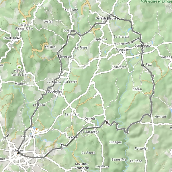 Miniature de la carte de l'inspiration cycliste "Boucle de Davignac - Combressol - Égletons" dans la Limousin, France. Générée par le planificateur d'itinéraire cycliste Tarmacs.app