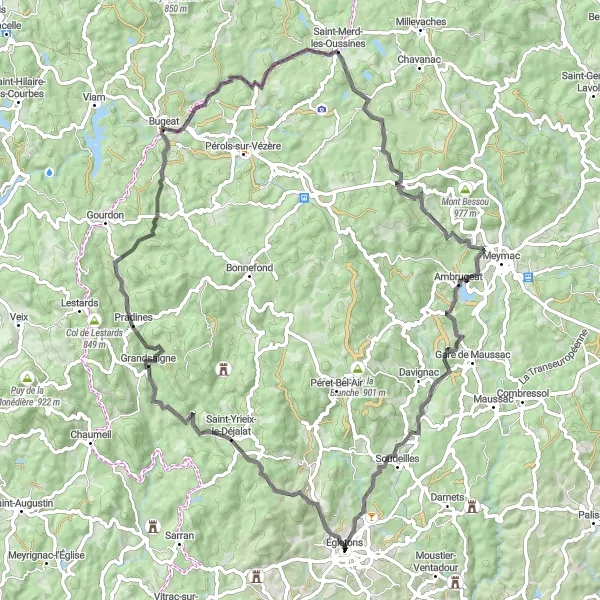 Map miniature of "The Hills of Limousin" cycling inspiration in Limousin, France. Generated by Tarmacs.app cycling route planner