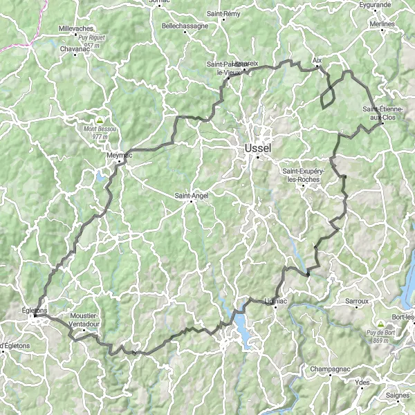 Miniature de la carte de l'inspiration cycliste "Le grand tour des montagnes et des lacs" dans la Limousin, France. Générée par le planificateur d'itinéraire cycliste Tarmacs.app