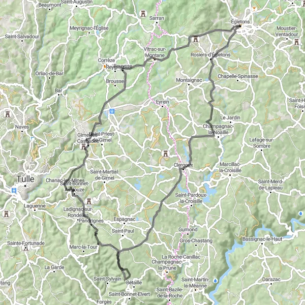 Miniature de la carte de l'inspiration cycliste "Le tour des cascades et des villages" dans la Limousin, France. Générée par le planificateur d'itinéraire cycliste Tarmacs.app