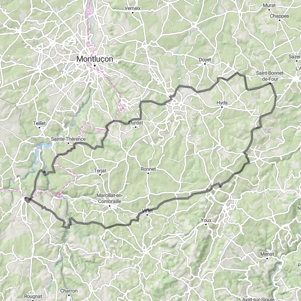 Miniature de la carte de l'inspiration cycliste "Circuit de la Forêt de Montmarault" dans la Limousin, France. Générée par le planificateur d'itinéraire cycliste Tarmacs.app