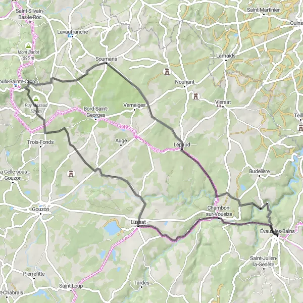 Map miniature of "La Tardes Road Adventure" cycling inspiration in Limousin, France. Generated by Tarmacs.app cycling route planner