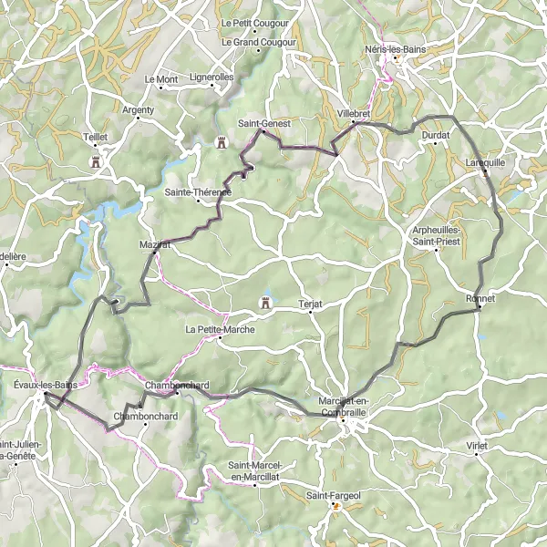 Map miniature of "Road Route: Évaux-les-Bains to Chambonchard" cycling inspiration in Limousin, France. Generated by Tarmacs.app cycling route planner