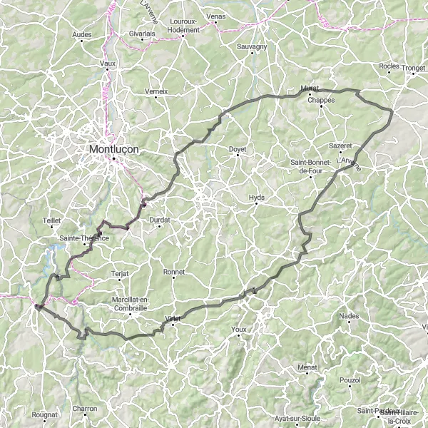 Miniature de la carte de l'inspiration cycliste "Parcours Route Villefranche-d'Allier" dans la Limousin, France. Générée par le planificateur d'itinéraire cycliste Tarmacs.app