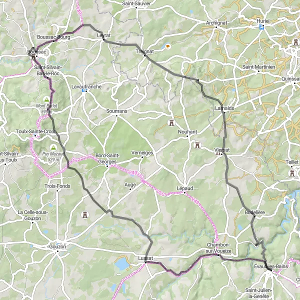 Miniature de la carte de l'inspiration cycliste "Les Châteaux de la Creuse" dans la Limousin, France. Générée par le planificateur d'itinéraire cycliste Tarmacs.app