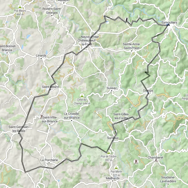 Map miniature of "Limousin Adventure" cycling inspiration in Limousin, France. Generated by Tarmacs.app cycling route planner