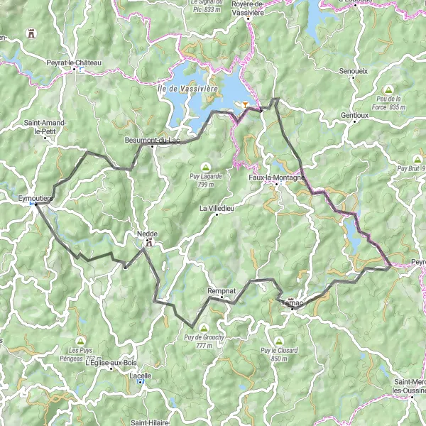 Miniature de la carte de l'inspiration cycliste "Boucle du Lac de Vassivière" dans la Limousin, France. Générée par le planificateur d'itinéraire cycliste Tarmacs.app