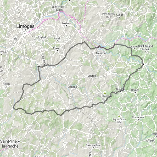 Map miniature of "The Mountain Challenge" cycling inspiration in Limousin, France. Generated by Tarmacs.app cycling route planner