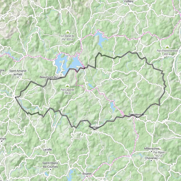 Miniature de la carte de l'inspiration cycliste "Parcours du Lac de Vassivière" dans la Limousin, France. Générée par le planificateur d'itinéraire cycliste Tarmacs.app