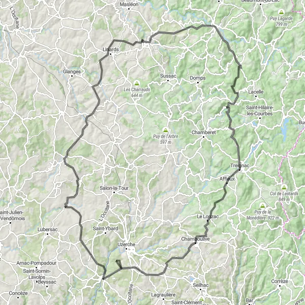 Miniature de la carte de l'inspiration cycliste "Parcours des Collines Limousines" dans la Limousin, France. Générée par le planificateur d'itinéraire cycliste Tarmacs.app