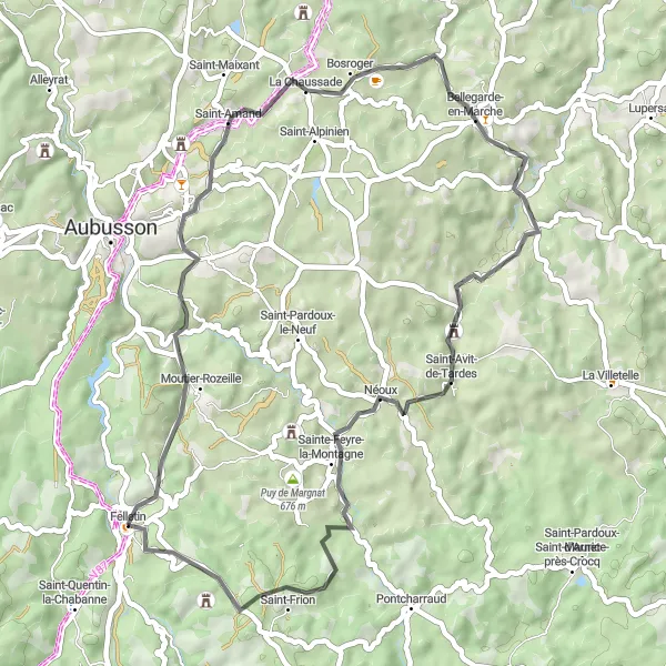 Miniature de la carte de l'inspiration cycliste "Vers la Chapelle Blanche à travers Bellegarde-en-Marche" dans la Limousin, France. Générée par le planificateur d'itinéraire cycliste Tarmacs.app
