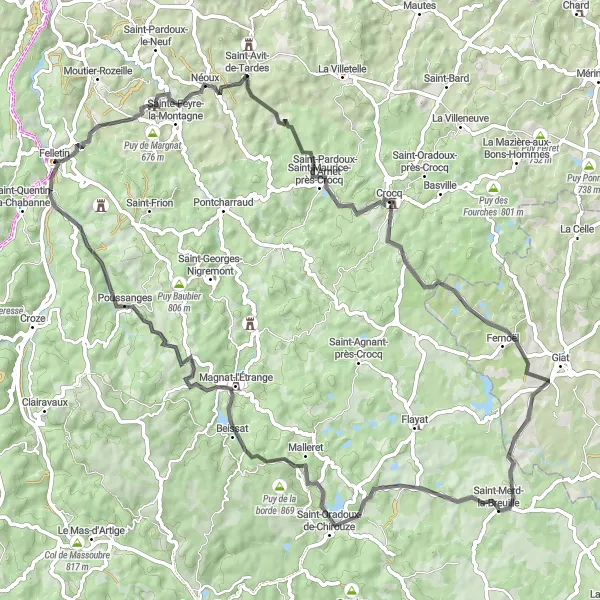 Map miniature of "Limousin Road Cycling Adventure" cycling inspiration in Limousin, France. Generated by Tarmacs.app cycling route planner