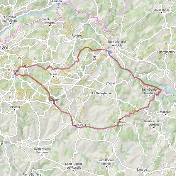 Miniature de la carte de l'inspiration cycliste "Circuit des Collines Limousines" dans la Limousin, France. Générée par le planificateur d'itinéraire cycliste Tarmacs.app