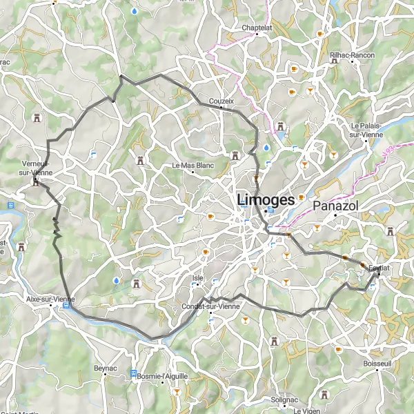 Map miniature of "The Vienne Valley Ride" cycling inspiration in Limousin, France. Generated by Tarmacs.app cycling route planner