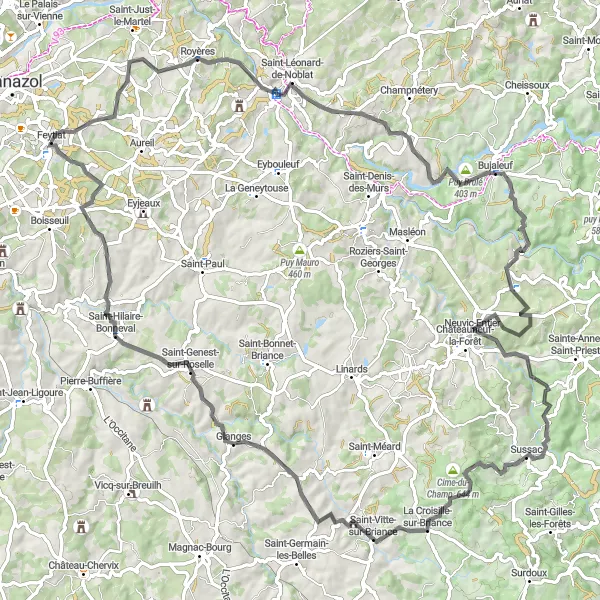 Miniature de la carte de l'inspiration cycliste "Les collines de Limousin" dans la Limousin, France. Générée par le planificateur d'itinéraire cycliste Tarmacs.app