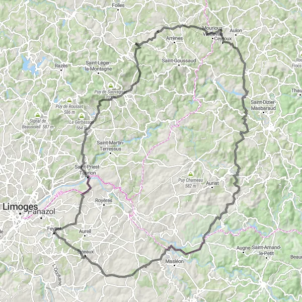 Map miniature of "Mountainous Escapade in Limousin" cycling inspiration in Limousin, France. Generated by Tarmacs.app cycling route planner