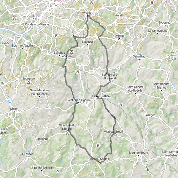 Miniature de la carte de l'inspiration cycliste "Tour de la Haute-Vienne" dans la Limousin, France. Générée par le planificateur d'itinéraire cycliste Tarmacs.app