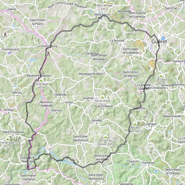 Miniature de la carte de l'inspiration cycliste "Aventures et panoramas autour de Guéret" dans la Limousin, France. Générée par le planificateur d'itinéraire cycliste Tarmacs.app