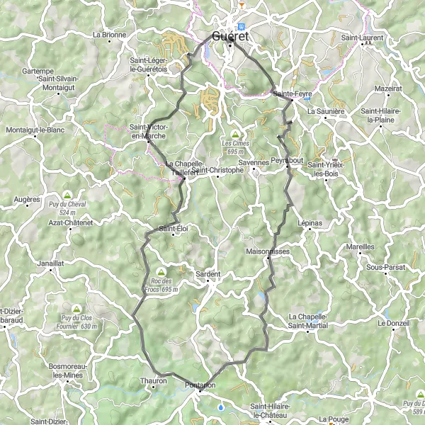 Miniature de la carte de l'inspiration cycliste "De Guéret à Saint-Victor-en-Marche" dans la Limousin, France. Générée par le planificateur d'itinéraire cycliste Tarmacs.app