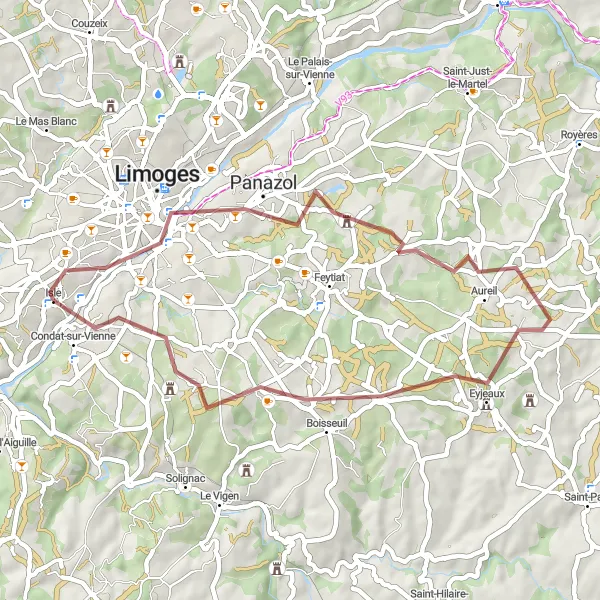 Miniature de la carte de l'inspiration cycliste "Exploration Gravel de Limoges" dans la Limousin, France. Générée par le planificateur d'itinéraire cycliste Tarmacs.app