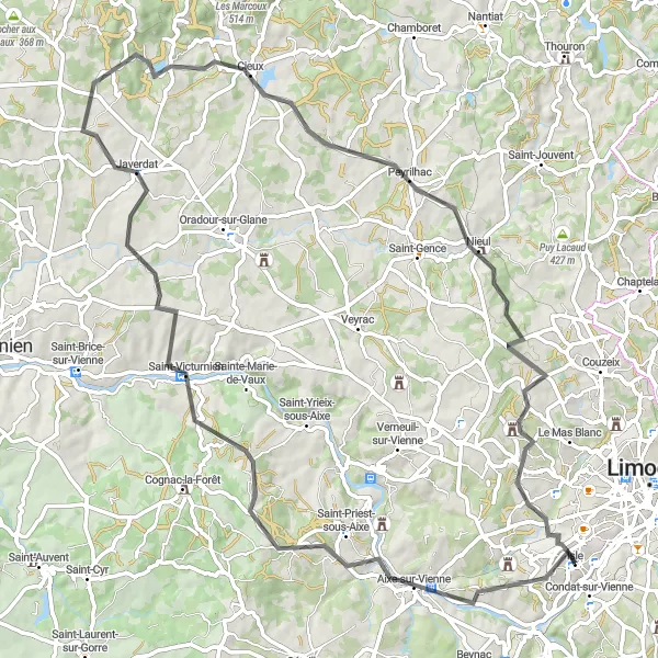 Miniature de la carte de l'inspiration cycliste "Boucle Cycliste de l'Aixe" dans la Limousin, France. Générée par le planificateur d'itinéraire cycliste Tarmacs.app
