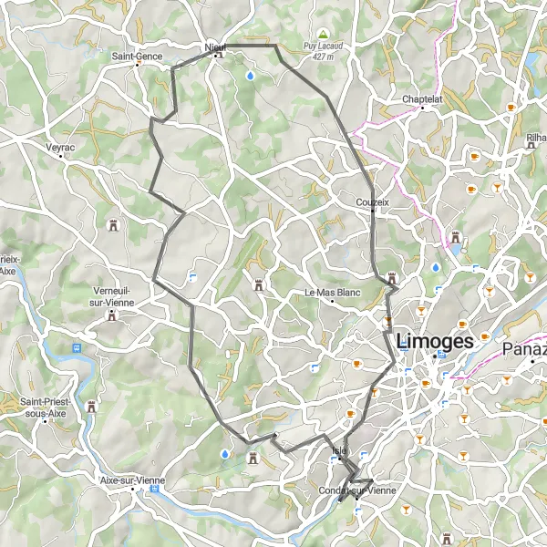 Map miniature of "Condat Discovery" cycling inspiration in Limousin, France. Generated by Tarmacs.app cycling route planner