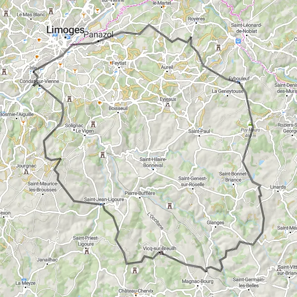 Map miniature of "Lakeside Adventure" cycling inspiration in Limousin, France. Generated by Tarmacs.app cycling route planner