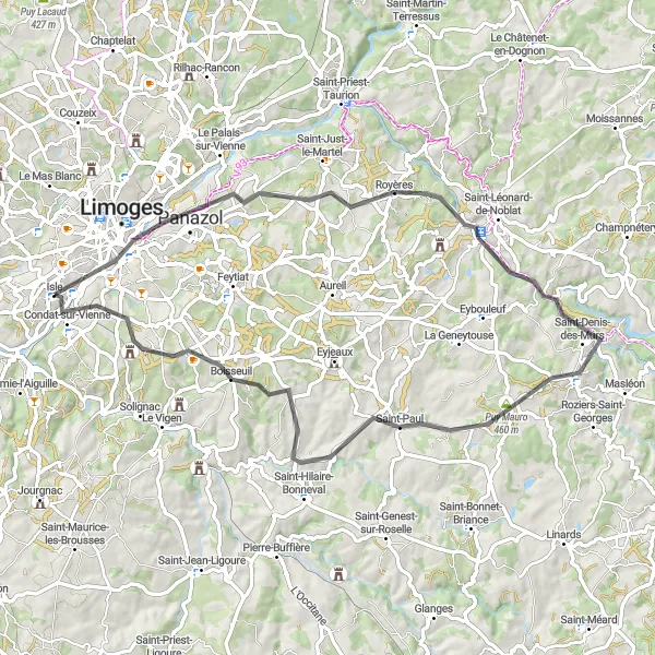 Map miniature of "Isle Adventure" cycling inspiration in Limousin, France. Generated by Tarmacs.app cycling route planner