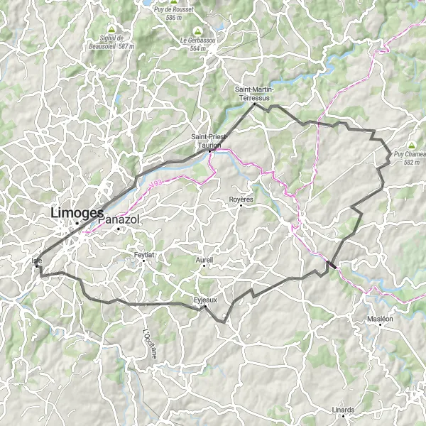 Miniature de la carte de l'inspiration cycliste "Parcours Vue Panoramique de la Vienne" dans la Limousin, France. Générée par le planificateur d'itinéraire cycliste Tarmacs.app