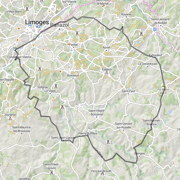 Map miniature of "The Hills of Limousin" cycling inspiration in Limousin, France. Generated by Tarmacs.app cycling route planner