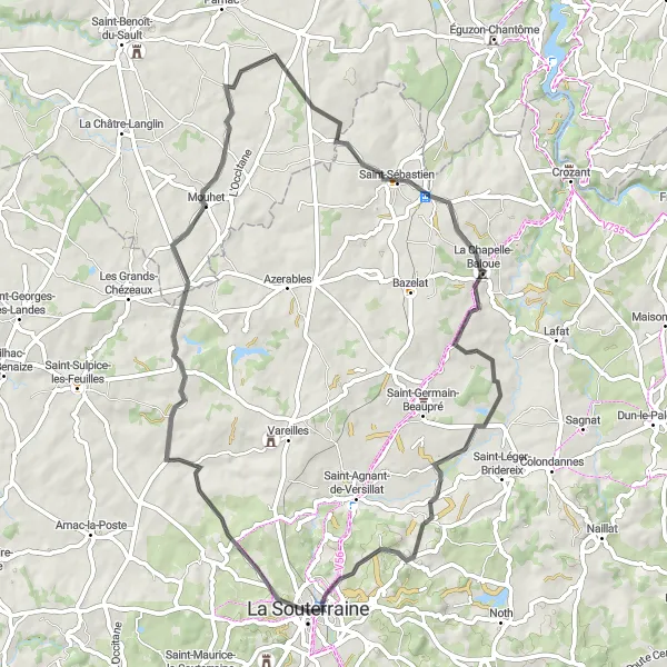 Map miniature of "Mouhet Road Loop" cycling inspiration in Limousin, France. Generated by Tarmacs.app cycling route planner