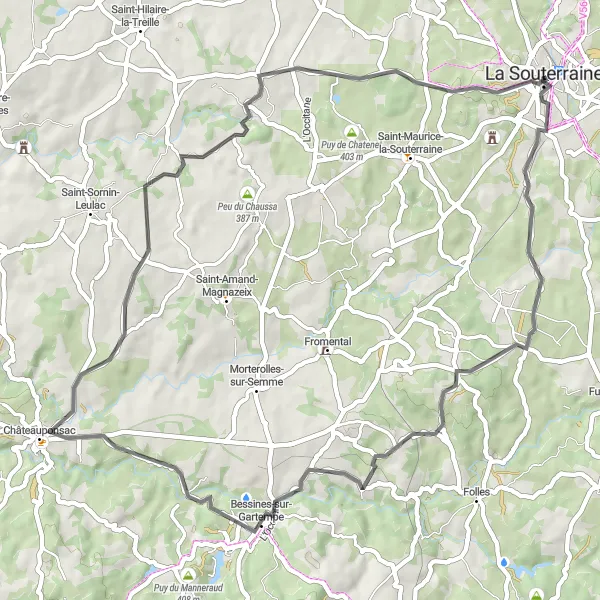 Map miniature of "The Bessines Circuit" cycling inspiration in Limousin, France. Generated by Tarmacs.app cycling route planner