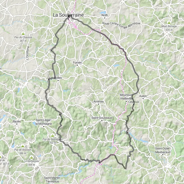 Map miniature of "The Grand-Bourg Expedition" cycling inspiration in Limousin, France. Generated by Tarmacs.app cycling route planner