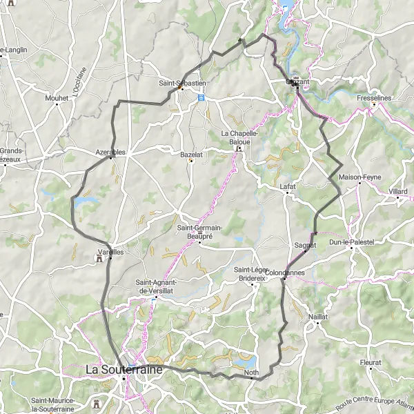 Map miniature of "Rocher de la Fileuse Gravel Route" cycling inspiration in Limousin, France. Generated by Tarmacs.app cycling route planner