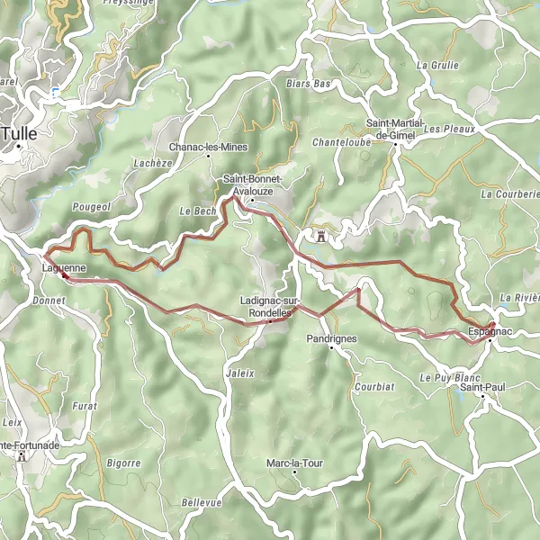 Miniature de la carte de l'inspiration cycliste "L'Exploration des Chemins de Gravel" dans la Limousin, France. Générée par le planificateur d'itinéraire cycliste Tarmacs.app