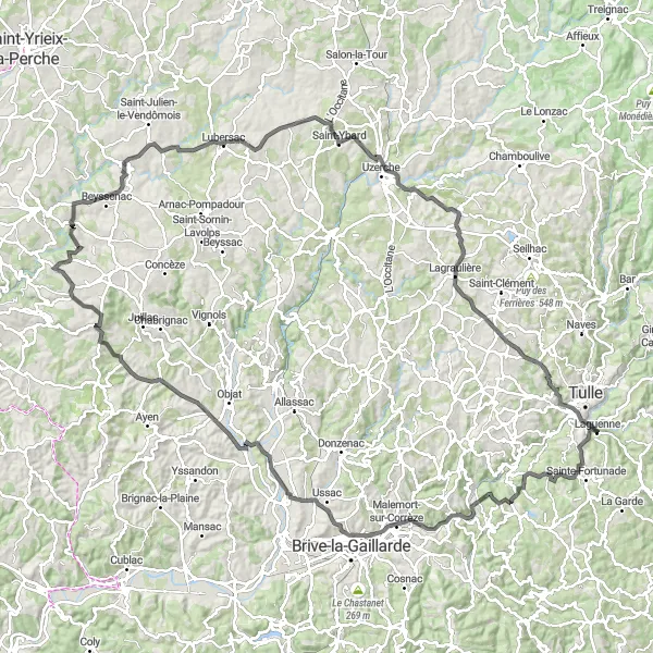 Map miniature of "Around Corrèze" cycling inspiration in Limousin, France. Generated by Tarmacs.app cycling route planner