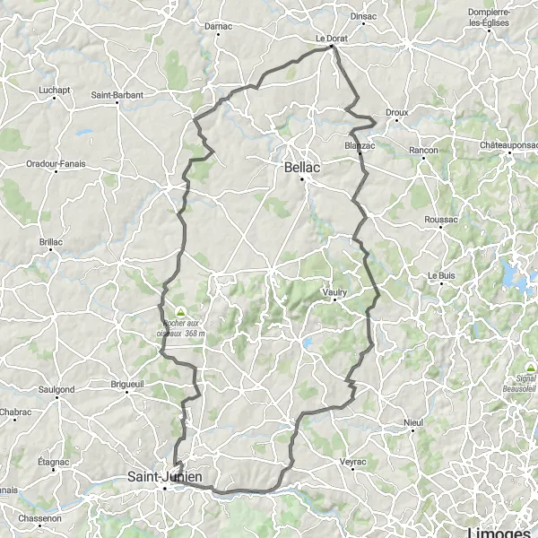 Miniature de la carte de l'inspiration cycliste "Le Grand Tour du Limousin" dans la Limousin, France. Générée par le planificateur d'itinéraire cycliste Tarmacs.app