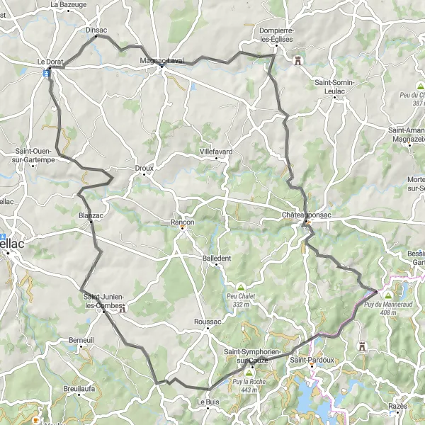 Map miniature of "Challenge Yourself on the Saint-Junien-les-Combes Route" cycling inspiration in Limousin, France. Generated by Tarmacs.app cycling route planner