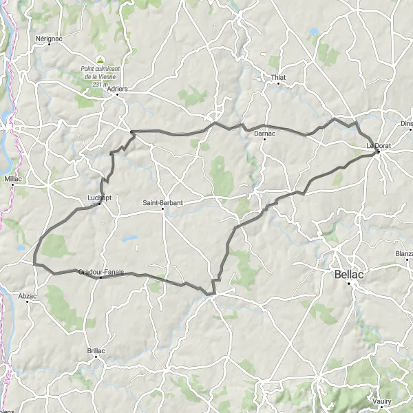 Map miniature of "Oradour-Fanais Loop" cycling inspiration in Limousin, France. Generated by Tarmacs.app cycling route planner