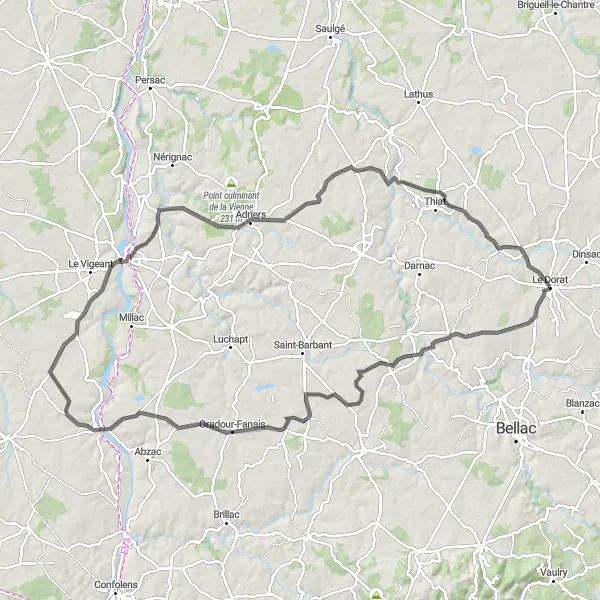 Map miniature of "Scenic Tour to Availles-Limouzine" cycling inspiration in Limousin, France. Generated by Tarmacs.app cycling route planner