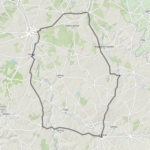 Miniature de la carte de l'inspiration cycliste "Circuit pittoresque de Le Dorat à Bussière-Poitevine" dans la Limousin, France. Générée par le planificateur d'itinéraire cycliste Tarmacs.app