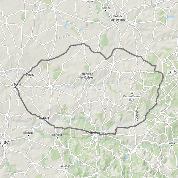 Miniature de la carte de l'inspiration cycliste "La Boucle des Étangs et Châteaux du Limousin" dans la Limousin, France. Générée par le planificateur d'itinéraire cycliste Tarmacs.app