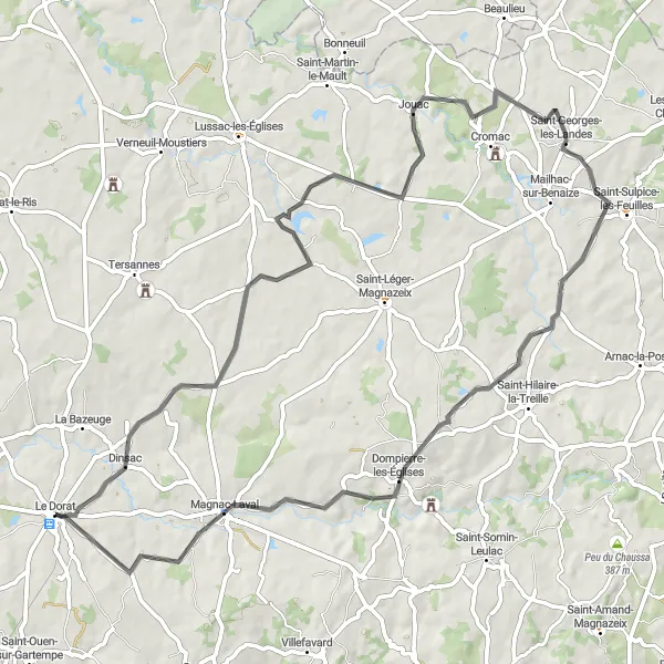 Map miniature of "Journey to Dompierre-les-Églises" cycling inspiration in Limousin, France. Generated by Tarmacs.app cycling route planner