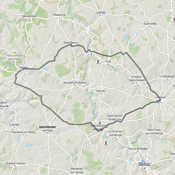 Map miniature of "Adriers Loop" cycling inspiration in Limousin, France. Generated by Tarmacs.app cycling route planner